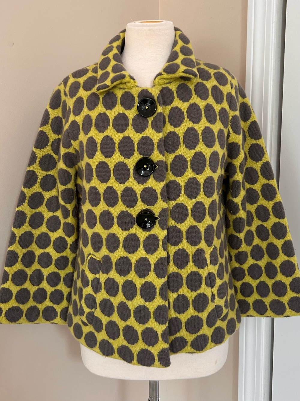 Women’s Polka Dot Wool-Blend Coat in chartreuse & Charcoal